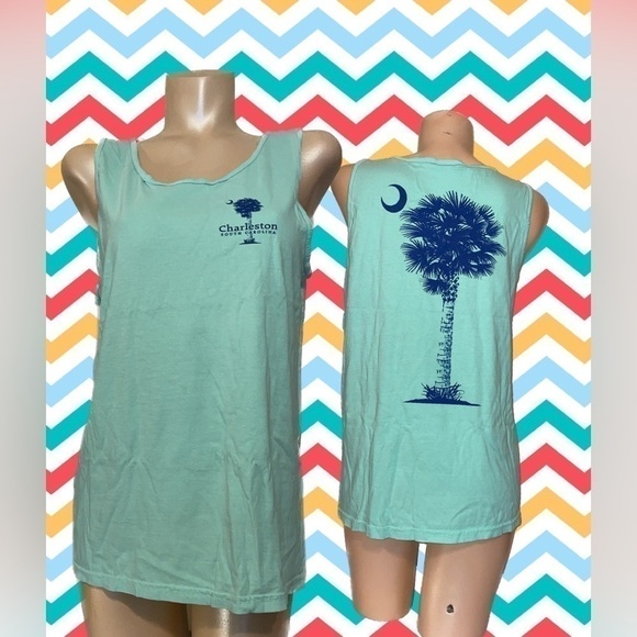Comfort colors size L unisex tank top tshirt Charleston SC palm aqua navy - Picture 1 of 8